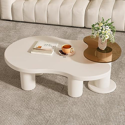 Modern Nesting Coffee Table Set of 2 Irregular Cloud Shape Cream White Center Table Space Saving eAccent Tables for Living Room Apartment Bedroom Office Minimalist Decor