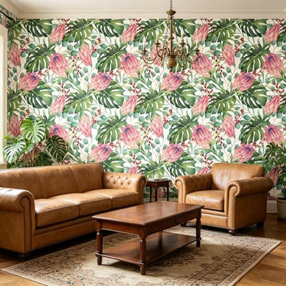 Tropical Floral Monstera Green Leaf Flowers Peel and Stick | self adhesive Wallpaper - 96''x32'' - color: X09, size: 32" x 96"