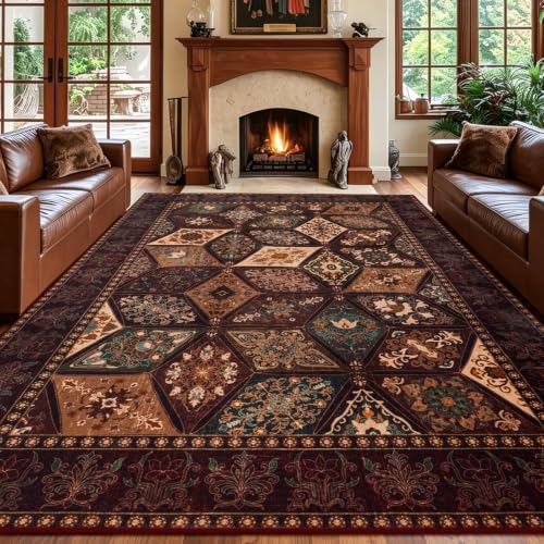 Vintage Rug 8x10, Washable Distressed Patchwork Rug for Living Room, Brown | Elegant Floral Bedroom Carpet with Non Slip Low Pile, Moroccan Burgundy Design for Office Apartment Dining Room - color: Brown/Burgundy, size: 8x10 Feet