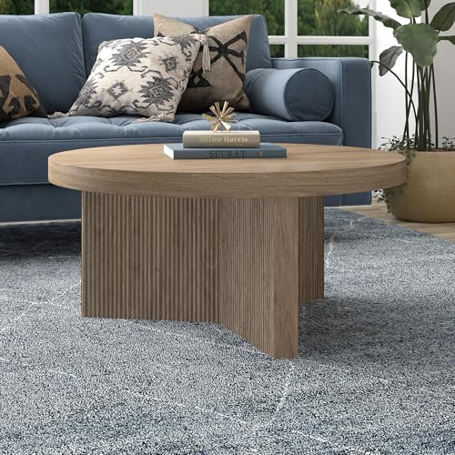 Henn&Hart 32" Scandinavian Fluted Coffee Table, Weathered Gray | Ribbed pedestal base and low profile bring Scandinavian style to small spaces including living rooms or family rooms - color: Weathered Gray, size: 32 inches