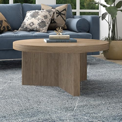 Henn&Hart 32" Scandinavian Fluted Coffee Table, Weathered Gray | Ribbed pedestal base and low profile bring Scandinavian style to small spaces including living rooms or family rooms - color: Weathered Gray, size: 32 inches