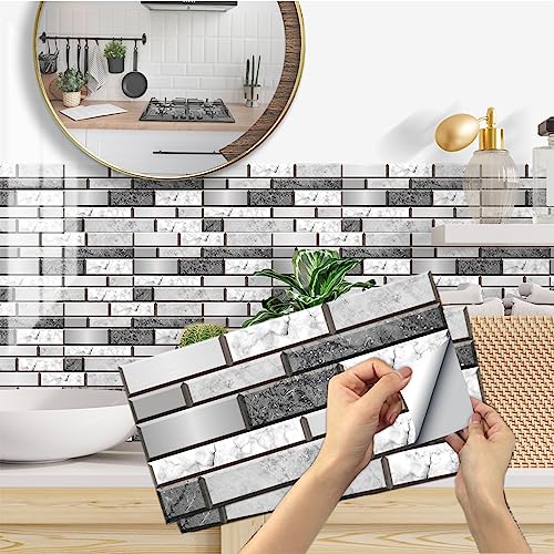 12-Sheet Peel and Stick Wallpaper, Subway Tile 6''x12'' Self Adhesive Wall Tiles Waterproof PVC Stick on Backsplash Vinyl Decorative Tiles Stickers for Kitchen Bathroom - color: Gray-white