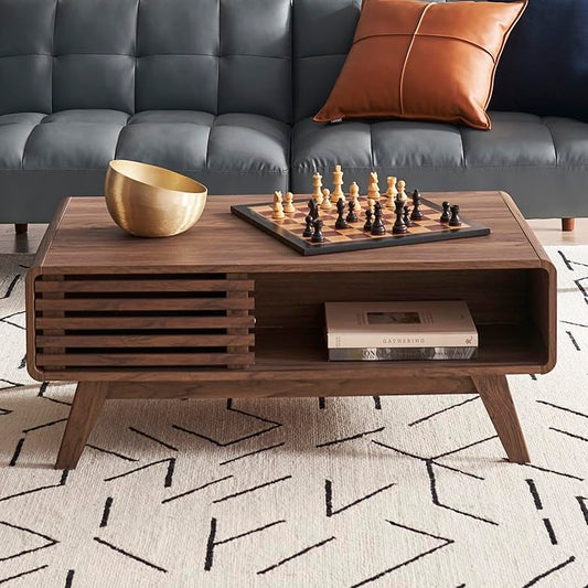 mopio Ensley Dual-Side Storage Coffee Table – Mid Century Modern Fluted Wood Table with 4 Compartments for Living Room Organization, Curved Safety Edges, Tapered Legs (Walnut, 39.2" W x 23.2" D) - color: Walnut