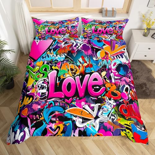Feelyou Hippie Graffiti Duvet Cover Hip Hop Sports Bedding Set for Kids Boys Teens Rock Music Comforter Cover Set Trippy Abstract Art Quilt Cover with 2 Pillowcases Full Size - color: Multi 1, size: Full