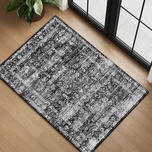 3x5 Black Washable Area Rugs for Living Room, Neutral Boho Carpet | Low Pile Carpet with Non-slip Gripper Pads,Waterproof,Soft,Indoor,Modern Abstract Style,Suitable for Bathroom,Bedroom,Kitchen - color: Black, size: 3' X 5' (Rectangular)