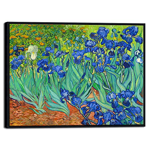 Wieco Art Framed Wall Art Irises by Van Gogh Famous Flowers Oil Paintings Reproduction Large Canvas Prints Modern Canvas Prints Artwork Pictures on Canvas for Wall Decor Black Frame - size: 32"L x 24"W