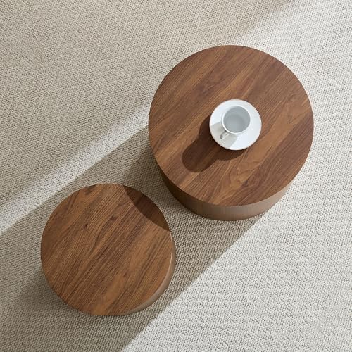 Nesting Coffee Table Set of 2, Modern Round Coffee Table Drum Side Table, Wooden Circle Accent Tables End Tables for Small Spaces Living Room Bedroom Office (Walnut) - color: 18.9" & 14.96" Walnut With Wood Veneer