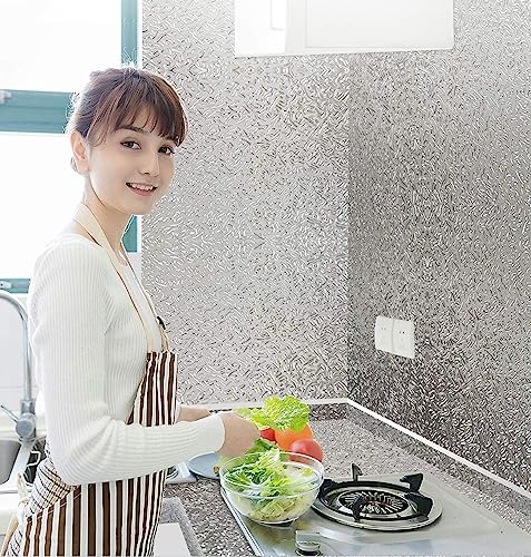 Silver Contact Paper Kitchen Backsplash Water/Oil Proof Wallpaper Metallic Peel and Stick Wallpaper 16"X118" Self Adhesive Aluminum Foil Contact Paper for Kitchen Countertop Cabinet Drawer