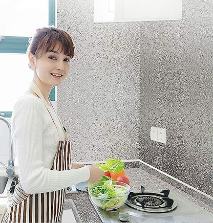 Silver Contact Paper Kitchen Backsplash Water/Oil Proof Wallpaper Metallic Peel and Stick Wallpaper 16"X118" Self Adhesive Aluminum Foil Contact Paper for Kitchen Countertop Cabinet Drawer