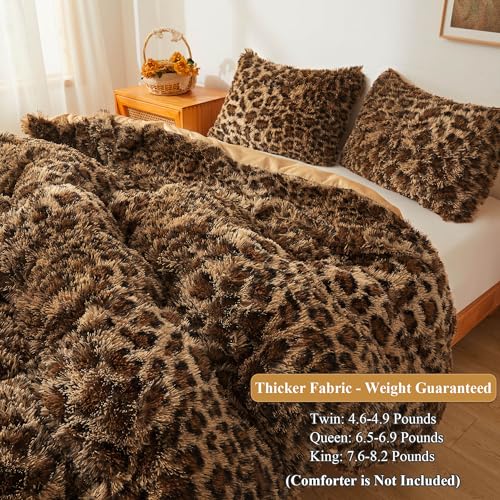 XeGe Cheetah Print Fluffy Faux Fur Duvet Cover Set, Twin, Leopard Brown | 2 Pieces Shaggy Farmhouse Fuzzy Bedding Set(1 Faux Fur Leopard Print Comforter Cover + 1 Furry Pillowcase), Zipper Closure - color: Cheetah Print Brown, size: Twin