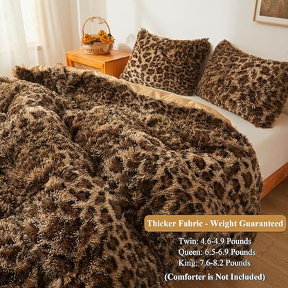 XeGe Cheetah Print Fluffy Faux Fur Duvet Cover Set, Twin, Leopard Brown | 2 Pieces Shaggy Farmhouse Fuzzy Bedding Set(1 Faux Fur Leopard Print Comforter Cover + 1 Furry Pillowcase), Zipper Closure - color: Cheetah Print Brown, size: Twin