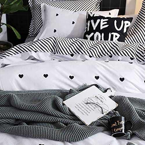 Omelas Kids Heart Love Twin Duvet Cover Set Black and White Teens Girls Lovely Heart-Shaped Pattern Striped Reversible Bedding Soft Breathable Quality Brushed Microfiber (3 Pcs,XD,T) - color: X-white, size: Twin(No Comforter)