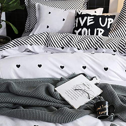 Omelas Kids Heart Love Twin Duvet Cover Set Black and White Teens Girls Lovely Heart-Shaped Pattern Striped Reversible Bedding Soft Breathable Quality Brushed Microfiber (3 Pcs,XD,T) - color: X-white, size: Twin(No Comforter)