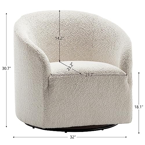 KINWELL 32" Wide Modern Boucle Swivel Barrel Chair, No Assembly Round Upholstered Swivel Accent Armchair for Living Room, Bedroom, Office (White) - color: White, style: Set of 1
