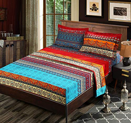 Bohemia Exotic Striped Bedding Sets 4 Pieces, Brushed Cotton Boho Duvet Comforter Cover with Flat Sheet,No Comforter (Fitted Sheet Set, California King) - size: California King