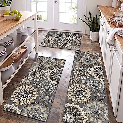 Bsmathom Boho Kitchen Rug Mat Sets 3 Piece, Farmhouse Non Slip Kitchen Rug Runner, Washable Non Skid Kitchen Rugs, Bohemian Kitchen Floor Mat for Hallway Entryway Laundry Room - color: Multi Gray, size: 20"x32"+20"x48"+20"x59"