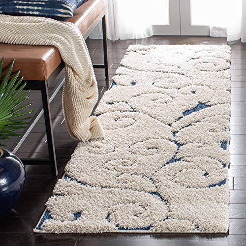 SAFAVIEH Florida Shag Collection Accent Rug - 2'3" x 5', Cream & Blue, Scroll Design, Non-Shedding & Easy Care, High-Low Plush Pile, Ideal for Bedroom, Foyer, Hallway (SG455-1165) - color: Cream/Blue, size: 2'3" x 5' (Rectangular)