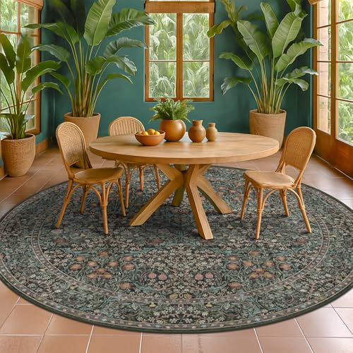 Vintage Washable Round Rugs 8ft, Ultra Soft Large Circle Area Rugs for Living Room, Dining Room Under Table Non Slip, Bedroom Under Bed, Dark Green Oriental Floral Round Floor Carpet Décor - color: Dark Green / Black, size: 8' (Round)