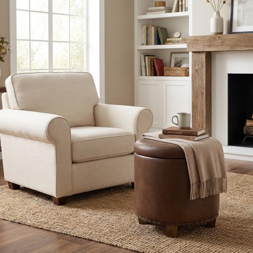 HomePop 18.5" Round Storage Ottoman with Nailheads - Brown Faux Leather - color: Brown Faux Leather