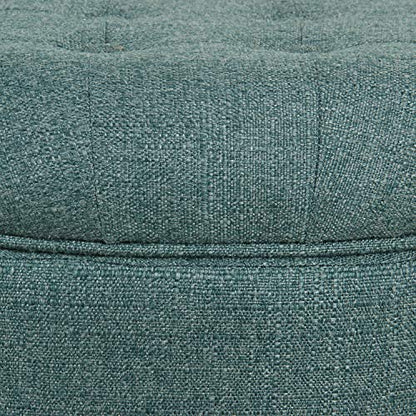HomePop by Kinfine Fabric Upholstered Round Storage Ottoman - Button Tufted Ottoman with Removable Lid, Teal Woven - color: Teal Woven