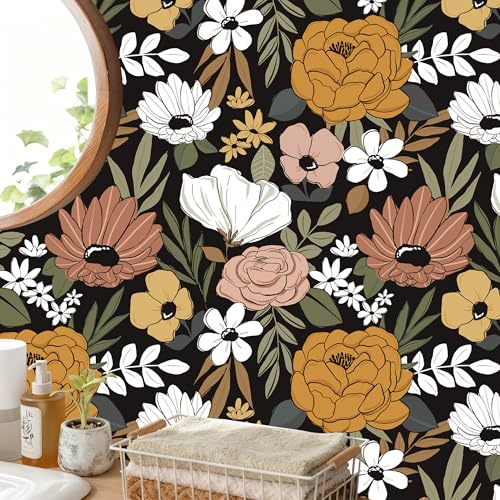 HAOKHOME Black Floral Peel and Stick Wallpaper Moody Botanical Bathroom | Textured Removable Waterproof Renter Friendly Wall Paper Rustic Farmhouse Vintage Daisy Sand Olive Powder Room 17.7in x 9.8ft - color: Black/Sand/Oliva, size: S：17.7in x 9.8ft