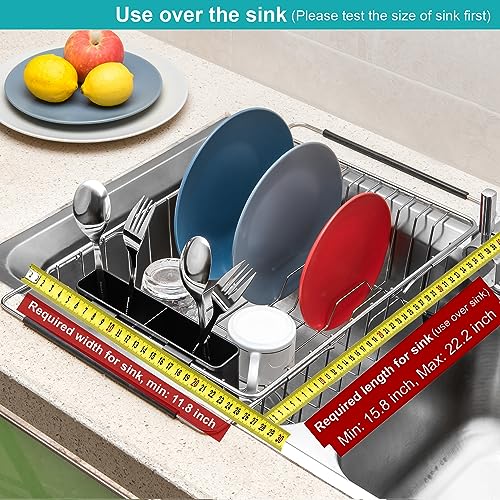 Expandable Multifunctional Dish Drying Rack, Over The Sink, in Sink Or On Counter Dish Drainer Basket Shelf with Black Utensil Silverware Holder, Rustproof Stainless Organizer - color: Black