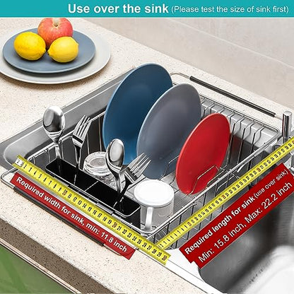 Expandable Multifunctional Dish Drying Rack, Over The Sink, in Sink Or On Counter Dish Drainer Basket Shelf with Black Utensil Silverware Holder, Rustproof Stainless Organizer - color: Black