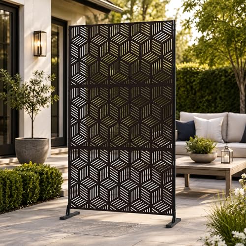 Kozyard Metal Privacy Screen 74" H x 47.2" W Decorative Outdoor Divider | with Stand Panels Freestanding Screen Set for Deck Patio Balcony Garden Outdoor&Indoor(Black/Cube) - color: Black/Cube