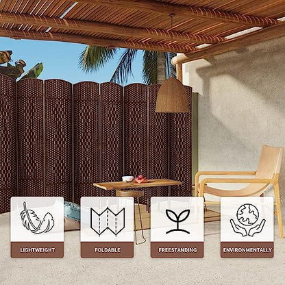 8 Panel Room Divider, 6 FT Wide Folding Screen Room Divider, Brown | Double Hinged Folding Screen Room Dividers for Patio Privacy - color: Brown, size: 8 Panels