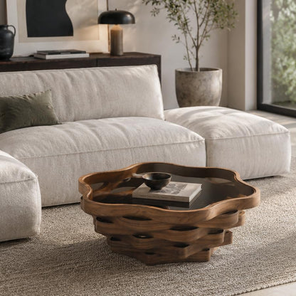 35.8" Cloud Coffee Table with Glass Top & Multi-Laye Wave Base | Modern Unique Irregular Center Table for Living Room, Artistic Cocktail Table for Apartment, Wooden Tea Table - Walnut - color: 35.8" Cloud Coffee Table