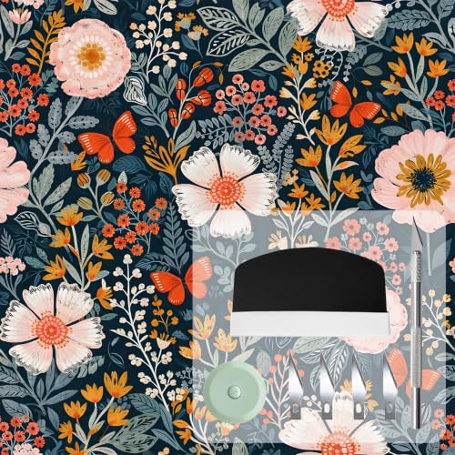 Peel and Stick Wallpaper17.3 X393.7 in, Dark Floral Leaf, Vintage Self-Adhesive Removable Wall Mural, Waterproof Accent Easy to Install for Living Room Bedroom Kitchen Walls - color: Pink Orange Flora, size: 17.3"X393.7"