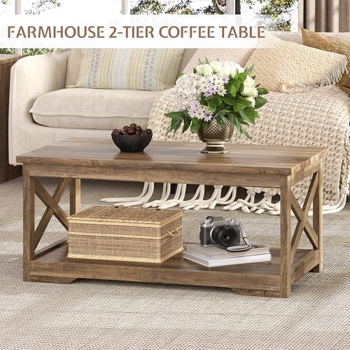 3 Piece Living Room Table Set with Barn Door, Barnwood | Includes Coffee Table and 2 End Tables, Charging Station &USB Ports, Rustic Farmhouse Style, Living Room Furniture Set - color: Barnwood