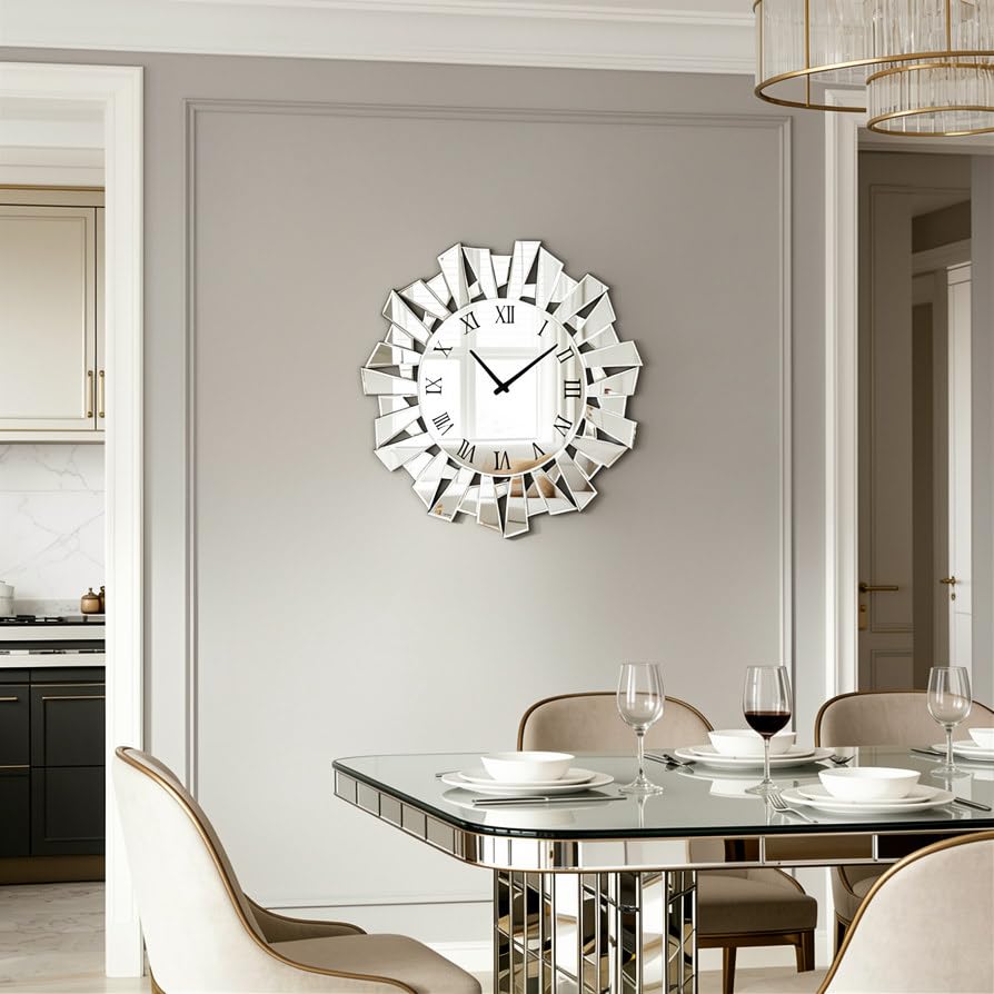 SHYFOY Silver Wall Clock, 24" Large Modern Mirror Clock | Roman Numerals, Luxury Art Wall Decor,Ideal Decoration for Living Room, Bedroom and Dining Room - size: Irregular