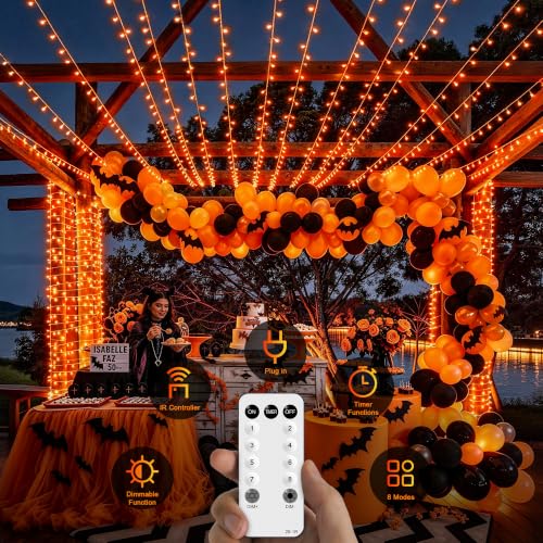 JMEXSUSS 1000 LED Orange Halloween String Lights Outdoor Indoor Plug in | 272 Ft Fall & Thanksgiving Day Lights Clear Wire, 8 Modes with Remote, Orange lights for Halloween Decor, Tree Patio Yards - color: Orange, size: 1000 LED