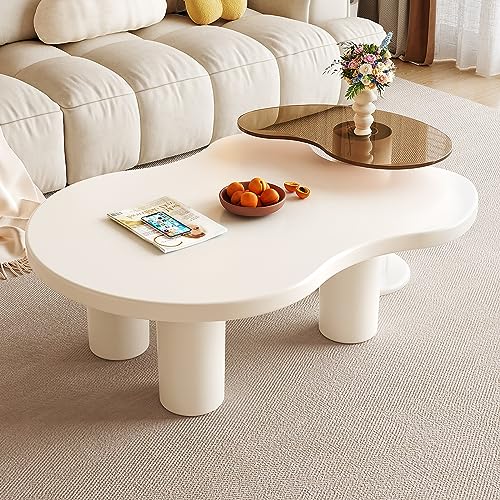 Modern Nesting Coffee Table Set of 2 Irregular Cloud Shape Cream White Center Table Space Saving eAccent Tables for Living Room Apartment Bedroom Office Minimalist Decor