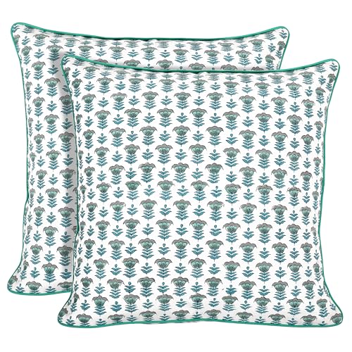 Block Print Aquamarine Blue Pillow Cover 16" x 16" (Pack of 2) Decorative Couch Pillows for Living Room, Farmhouse Chic Boho Cute Outdoor Pillows Covers Gifts for Spring, Mother's Day - color: Aquamarine Blue, size: 16" x 16" (Pack of 2)