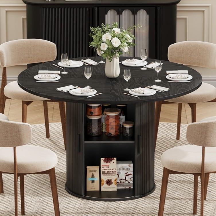IDEALHOUSE 47 Inch Round Dining Table for 4, Black | With 2-Tier Shelf and Wood Slide Door, Pedestal Dinner Table Space Saving, T-Shape Base, Dining Room, Modern Black Finish - color: Black