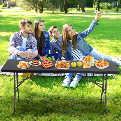 6FT Folding Table, Heavy Duty Plastic Table Portable Fold-in-Half Utility Table Indoor Outdoor Picnic Table w/Handle & Lock for Camping BBQ Party Wedding Market Events, Black - size: 6FT-Black