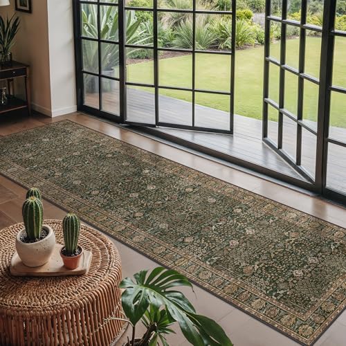 2x8 Kitchen Runner Rug, Washable Non Slip, Dark Green Brown | Vintage Floral, Spill Resistant, Lightweight Low Pile Carpet for Hallway, Bedroom, Laundry Room and Bathroom - color: Dark Green Brown, size: 2' x 8' (Rectangular)