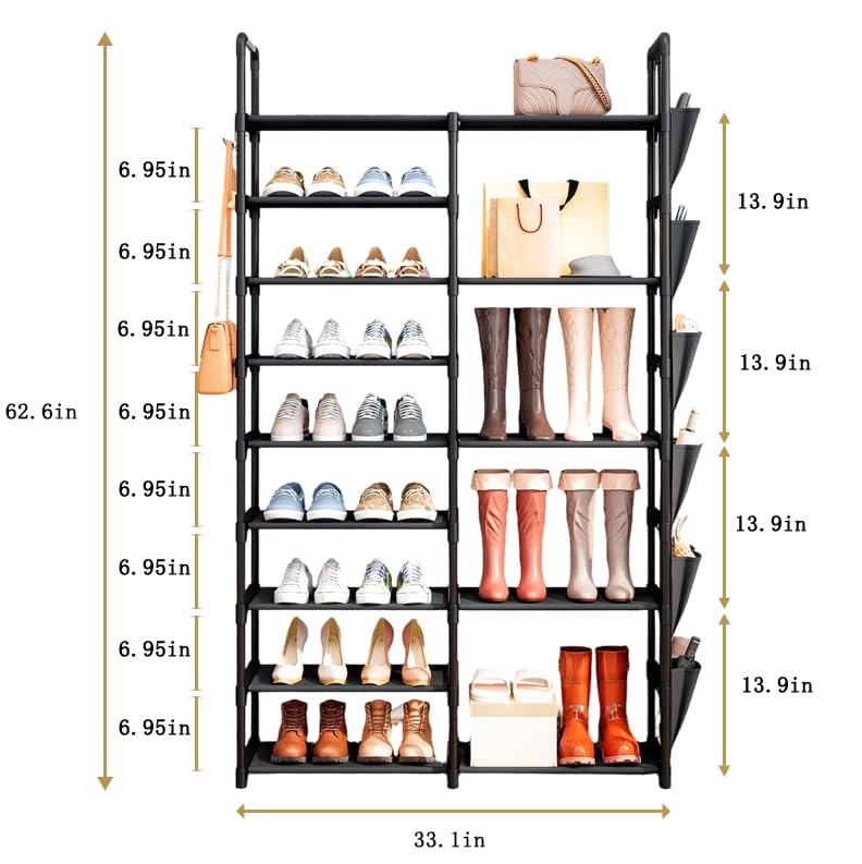 9 Tier Shoe Rack Organizer with Hook and Side Pocket, Holds 25-35 Pairs | Entryway Heavy Duty Shoe Rack, Tall Shoe Boot Storage, Metal Shelf for Storing Handbags, Boxes, Books, Umbrella, Keys, Hats - size: M 9-Tier