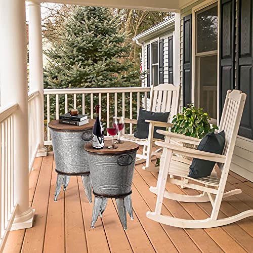RUSTOWN Farmhouse Side Tables Set of 2, Galvanized Metal Bucket End Table | Storage Metal Bin with Round Wooden Lid, Accent Side Table, Rustic Antique Cocktail Table for Living Room, Bedroom, Outdoor - color: Galvanized