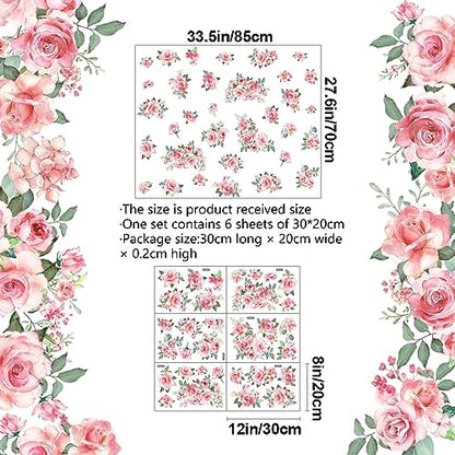 Pink Flowers & Green Leaves Wall Decals - Removable Peel & Stick Garden Floral Wall Stickers for Bedroom & Living Room - color: Pink