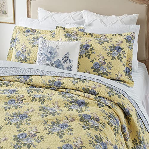 Laura Ashley - Queen Quilt Set, Reversible Cotton Bedding with Matching Shams, Lightweight Home Decor for All Seasons (Linley Yellow, Queen)