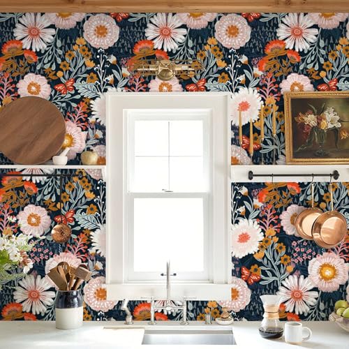 Boho Wallpaper Peel and Stick Wallpaper Floral Retro Contact Paper 17.3''x78.7'' Dark Blue Vintage Bohemian Removable Wall Paper Renter Friendly Waterproof Wall Mural for Bedroom Bathroom Vinyl - color: Navy Blue&Pink Floral, size: 17.3" x 78.7"