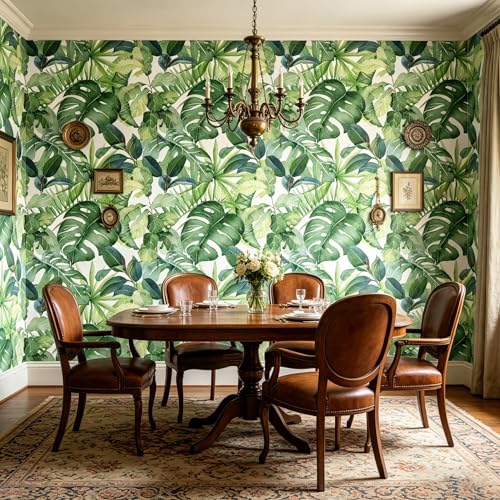 Tropical Green Leaf Watercolor Monstera Plant Peel and Stick | self adhesive Wallpaper - 96''x32'' - color: X11, size: 32" x 96"