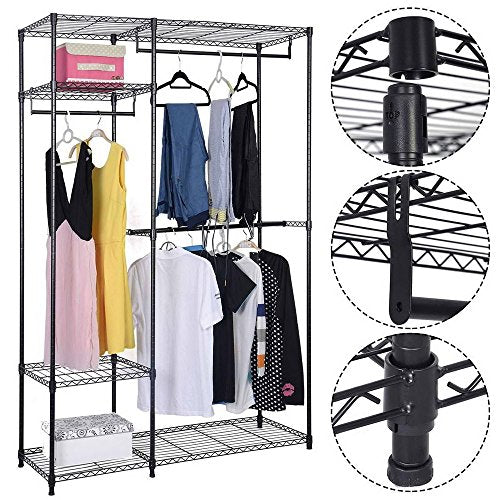 4 Shelves Garment Rack Heavy Duty Clothes Rack Portable Wire Shelving Clothing Racks with 3 Hanging Rod Freestanding Closet Metal Storage Rack Armoire Wardrobe Closet, Max Load 396.9LBS, Black