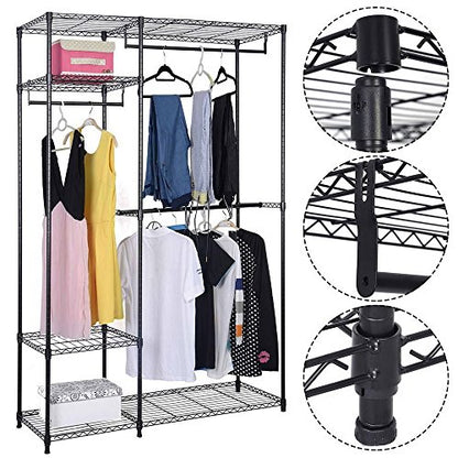 4 Shelves Garment Rack Heavy Duty Clothes Rack Portable Wire Shelving Clothing Racks with 3 Hanging Rod Freestanding Closet Metal Storage Rack Armoire Wardrobe Closet, Max Load 396.9LBS, Black