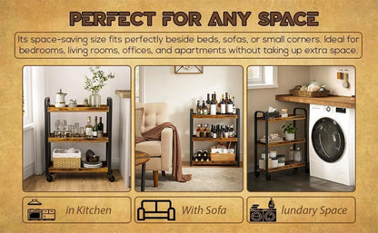 HYGRAD BUILT TO SURVIVE 3-Tier Wooden/Metal Industrial Style Rustic Narrow Rolling Cart with Wheels - Kitchen Serving Cart, Utility Storage Trolley Shelves for Small Spaces Office, Home