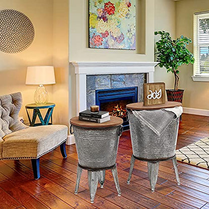 RUSTOWN Farmhouse Side Tables Set of 2, Galvanized Metal Bucket End Table | Storage Metal Bin with Round Wooden Lid, Accent Side Table, Rustic Antique Cocktail Table for Living Room, Bedroom, Outdoor - color: Galvanized