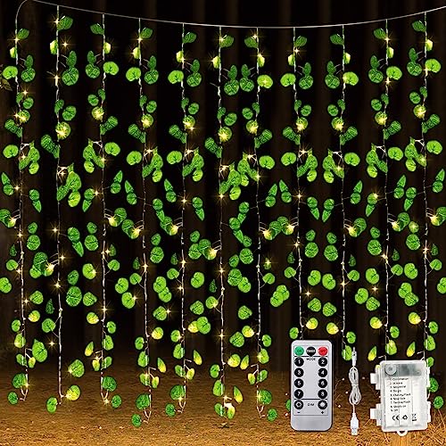 Unittype 15 Pcs 6.6 ft 300 LED Fake Ivy Vines with Lights,Eucalyptus Leaf | String Fairy Light Curtain for Bedroom, Artificial Hanging Vines Plant Garland with Light, for Wall Outdoor Indoor Room Decor - style: Eucalyptus Leaf